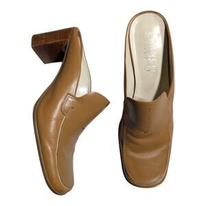 Vtg 1990s Franco Sarto Camel Tan Leather Block Heel Square Toe Mules Sz 8.5